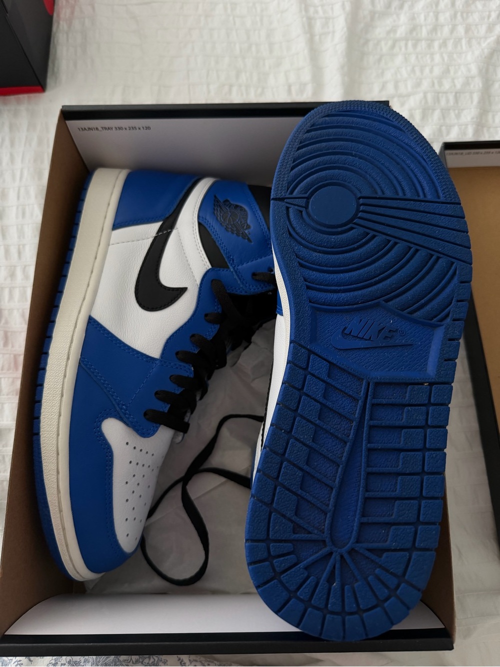 Jordan Retro High Top Sneakers in White/Blue/Black - Picture 1 of 3